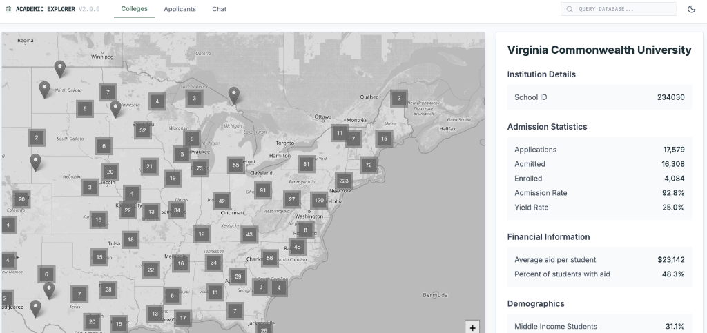 Interactive Map View showing clustered educational institutions